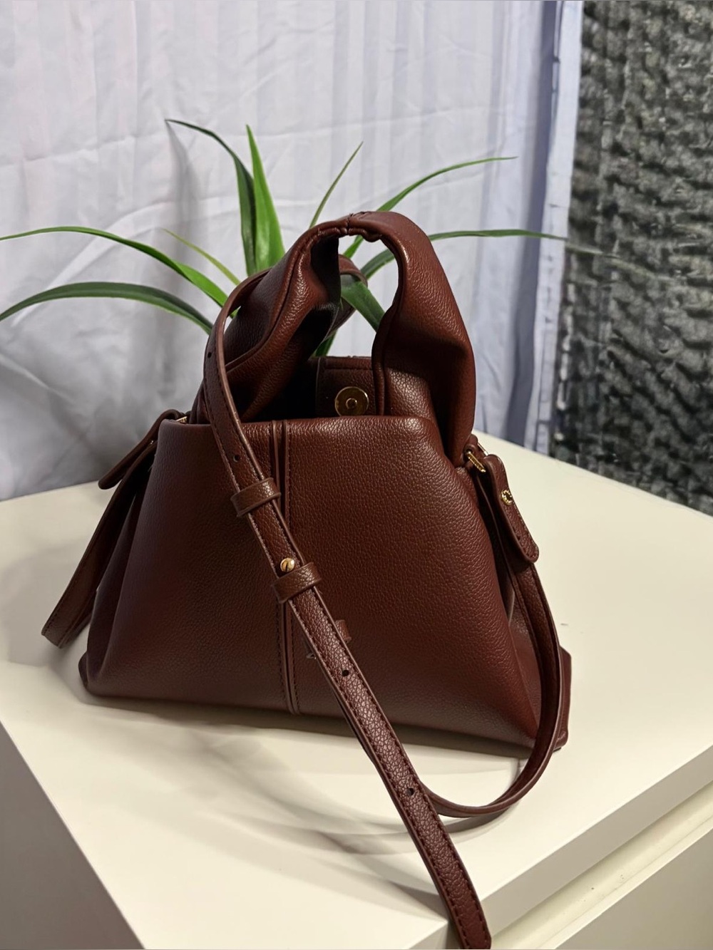 Polene Brown Pebbled Leather Shoulder Bag